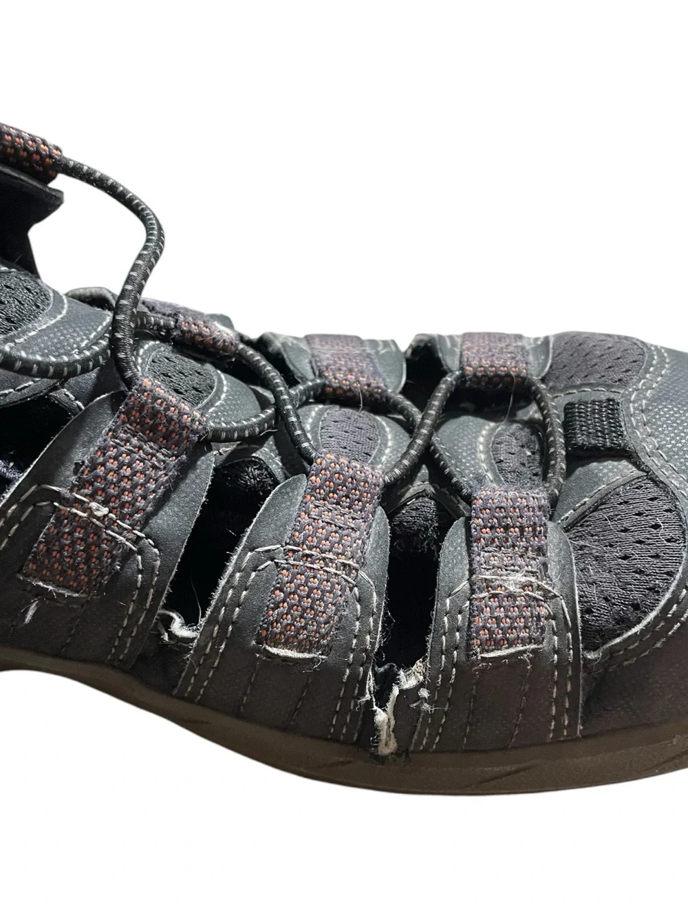 AA37- Men’s 8 Ecco Sporty Closed-Toe Hiking Sandals in Black w/Dark Red Accents